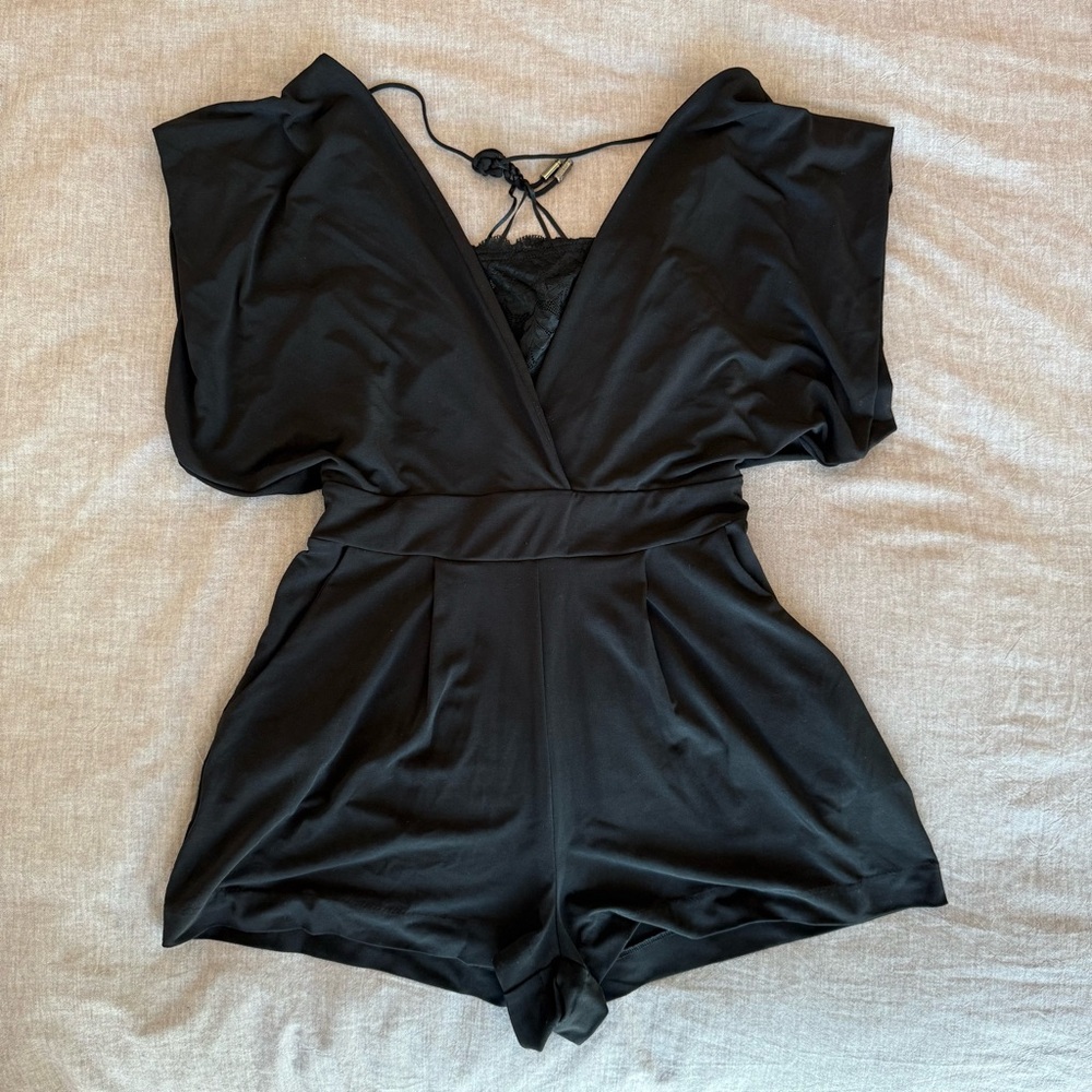 GUESS Black Satin Romper w/ Built-In Lace Cami – Size XS 🖤